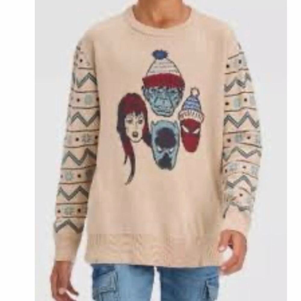 Marvel Spider-Man Hulk Youth M Tan Knit Christmas Sweater